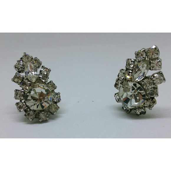 Vintage Art Deco clear rhinestone clip on earrings - Picture 5 of 8